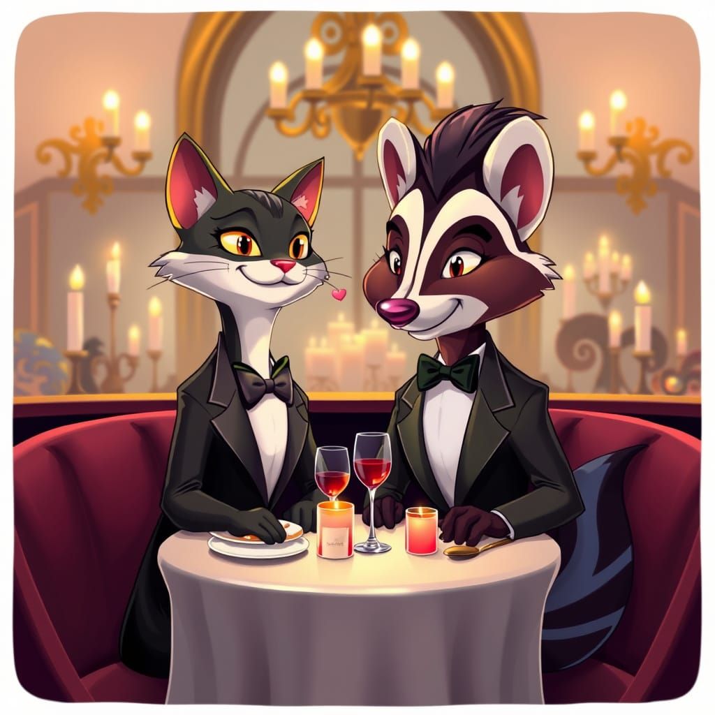 Romantic Cartoon Date: Cat and Skunk in Fancy Restaurant