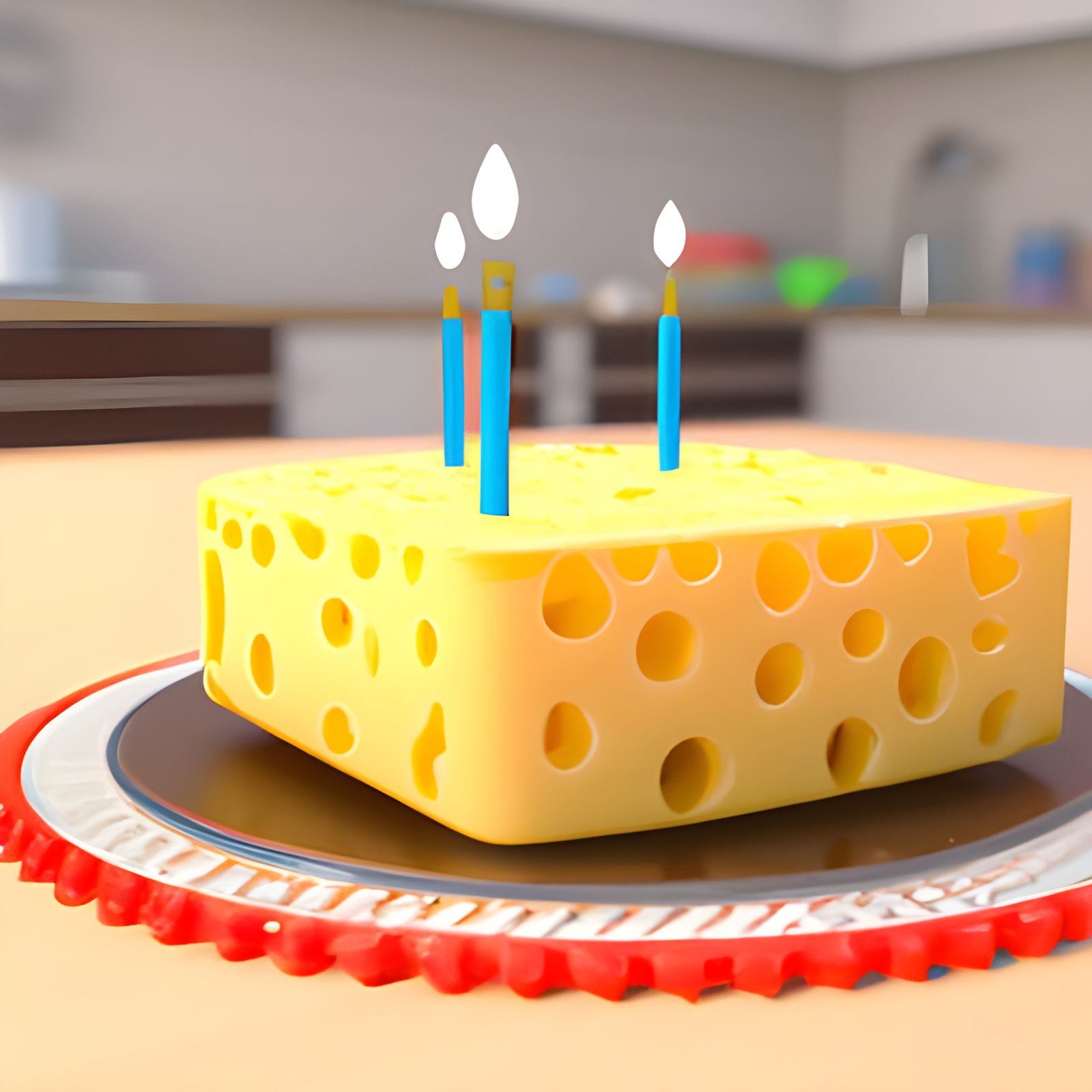 Swiss Cheese Birthday Cake in Kitchen, CGI