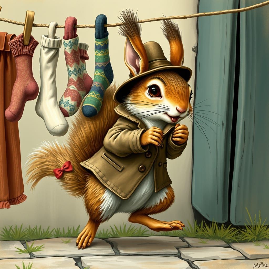 Squirrel Sock Thief in Beatrix Potter Style