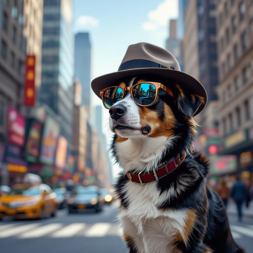 Dog in Fedora and Sunglasses on City Street
