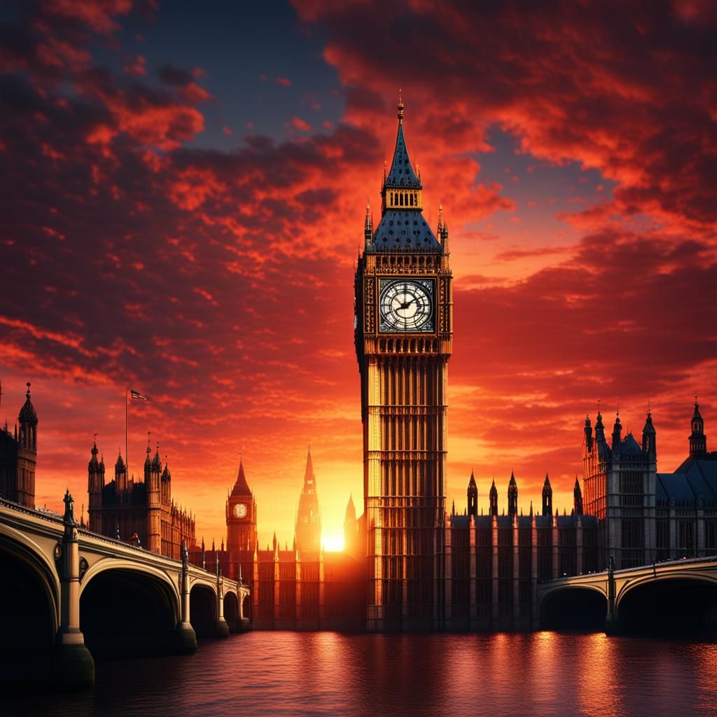 Big Ben at Fiery Sunset: Hyperrealistic London Skyline