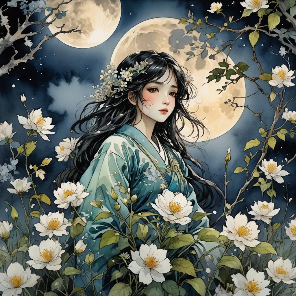 Blooming Flowers Under Moon: Watercolor Comic Illustration