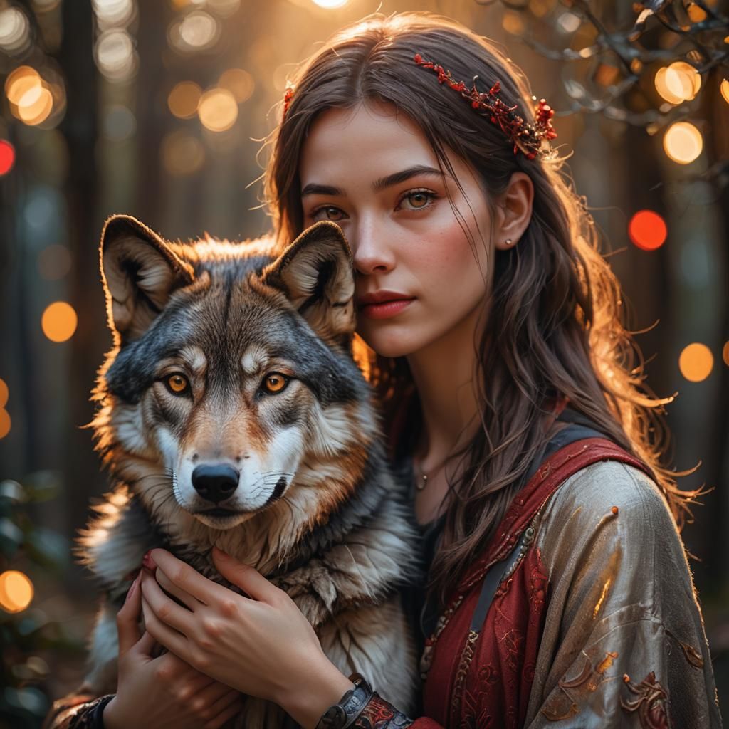 Girl and Wolf Portrait in Golden Light