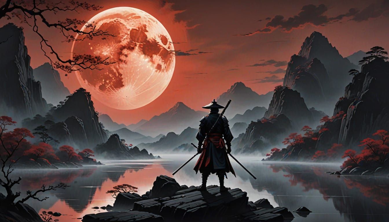 Mysterious Samurai in Red Moonlight