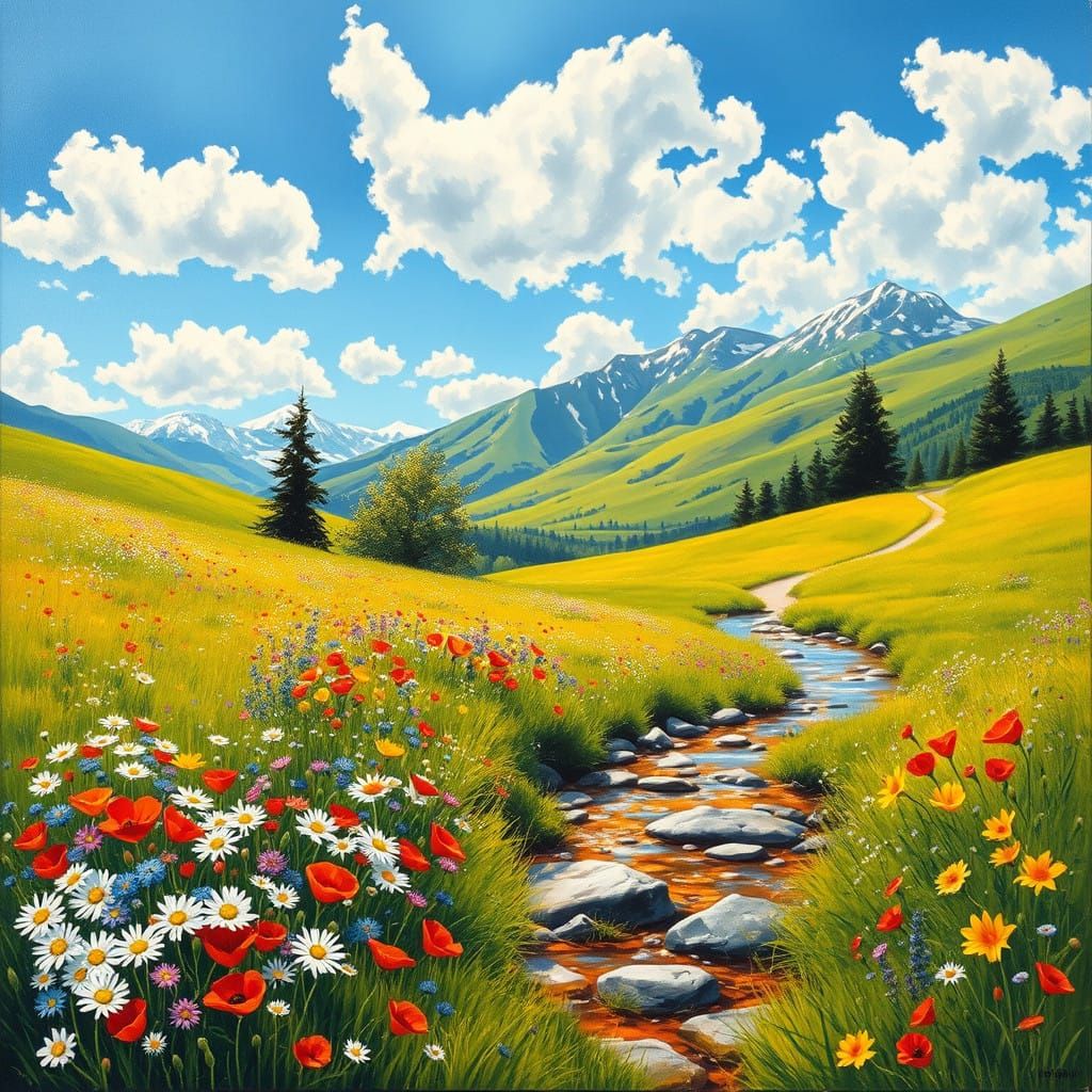 Serene Classic Oil Painting of Lush Meadow and Majestic Moun...