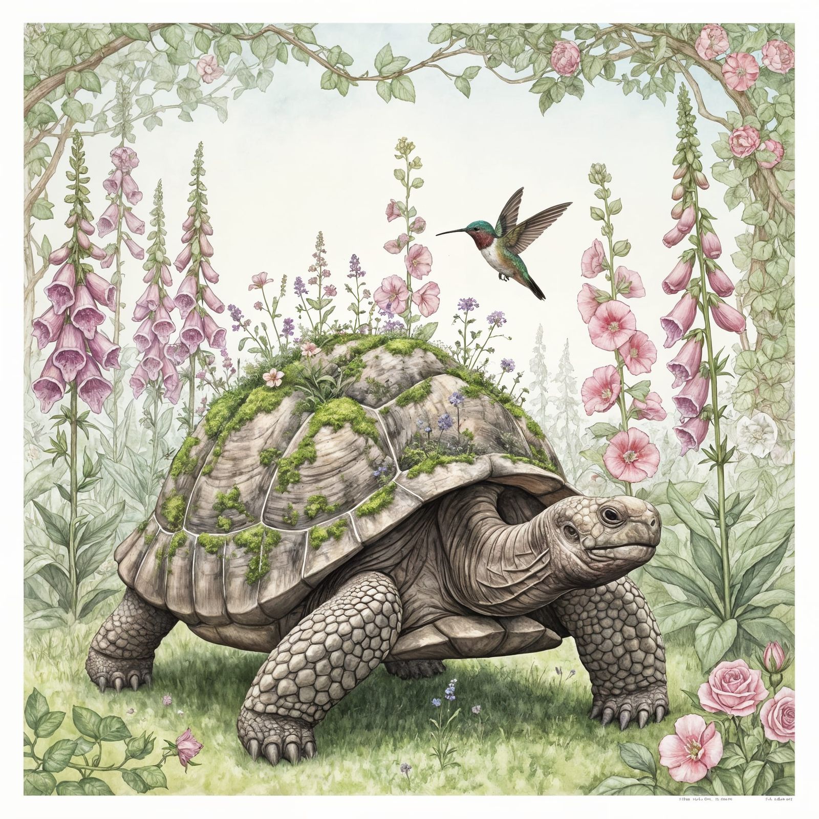 English Garden Tortoise and Hummingbird in Foxgloves Waterco...