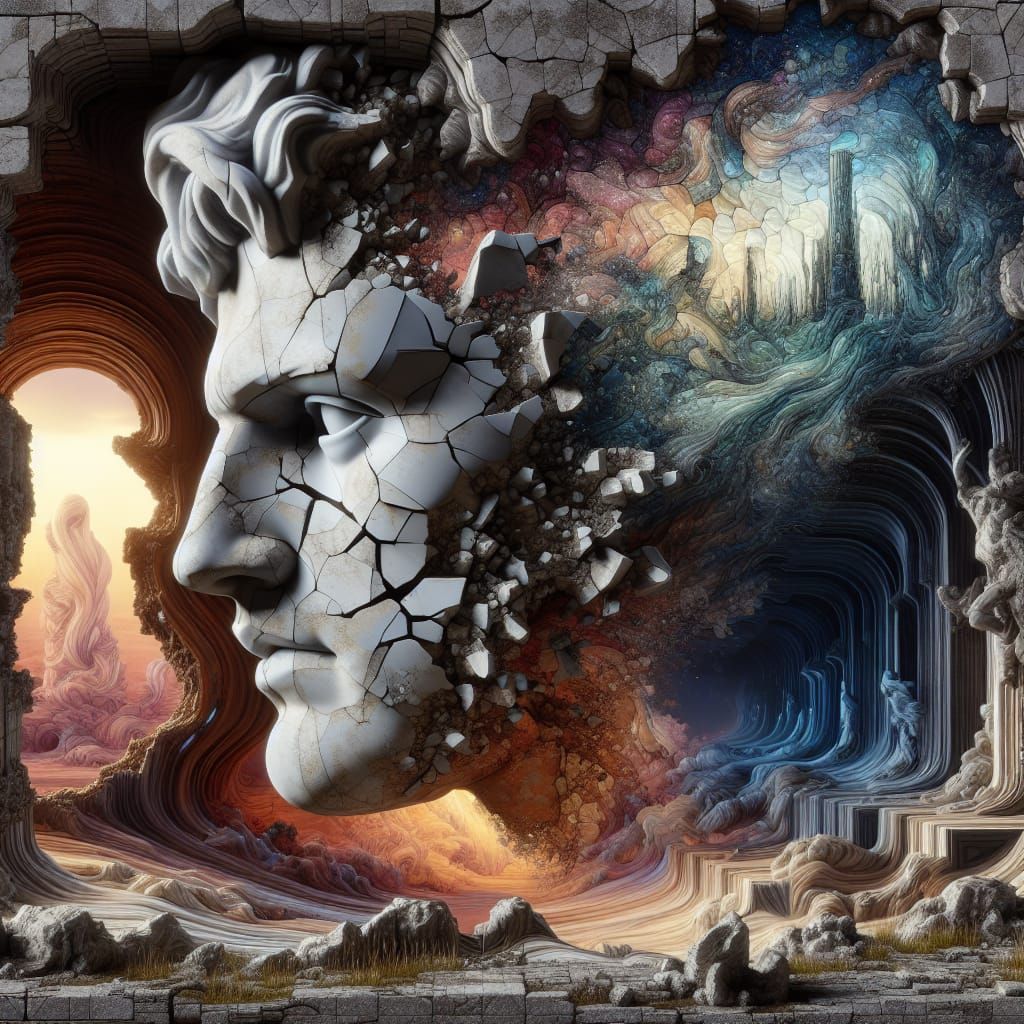 cracked ruptured broken marble sculpture portrait of post-ap...