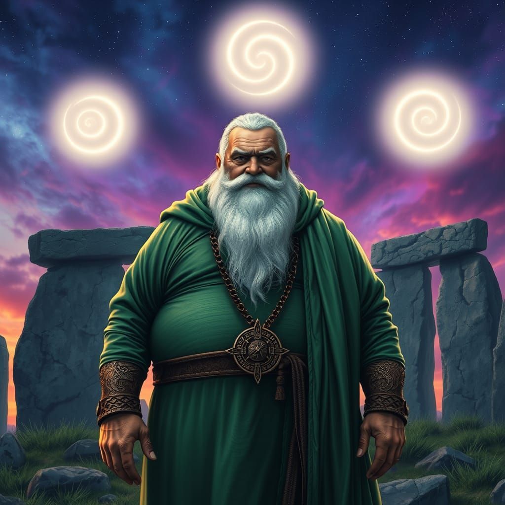 Druid at Standing Stones Under Psychedelic Sky