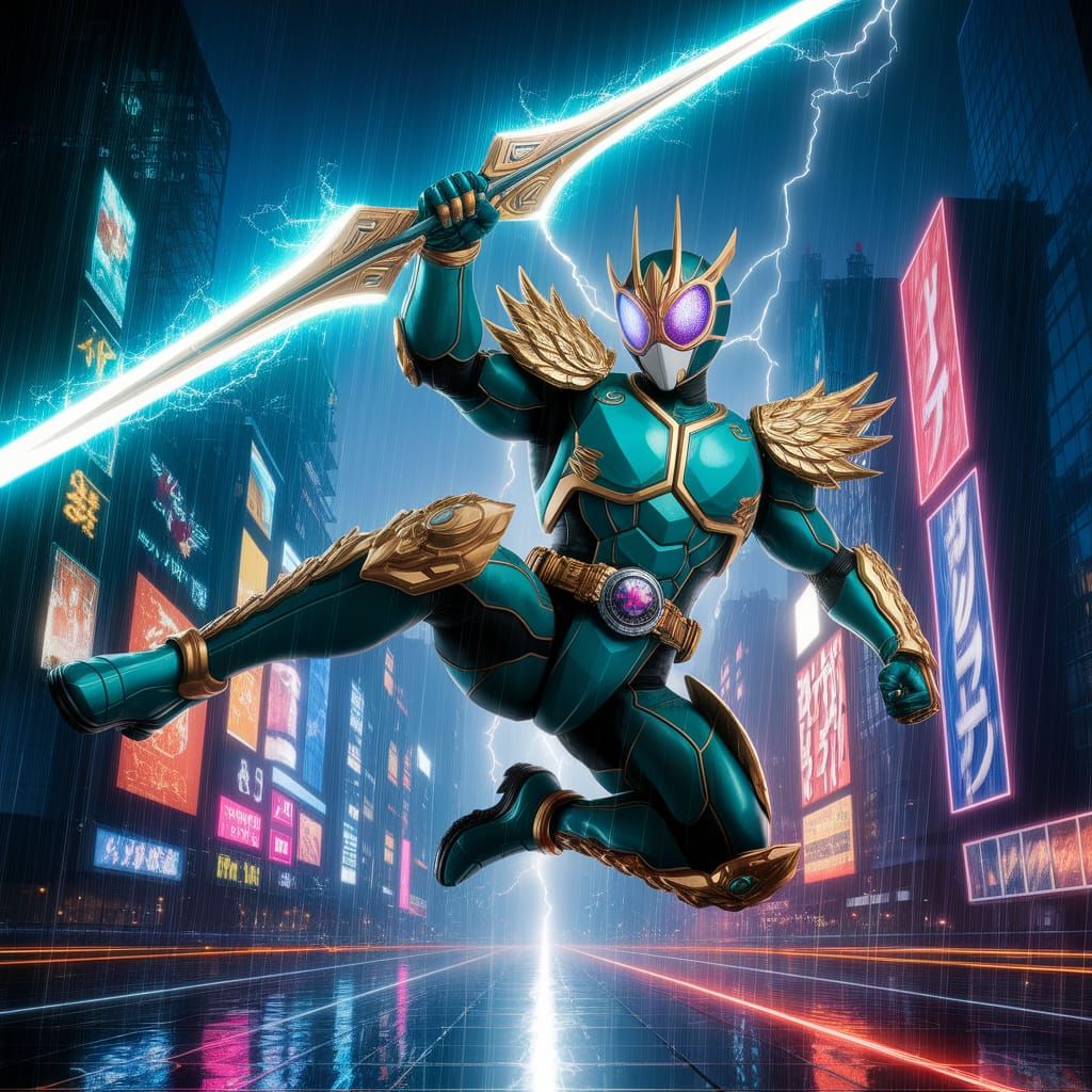 Bahamut Kamen Rider's Dynamic Kick in Neon City
