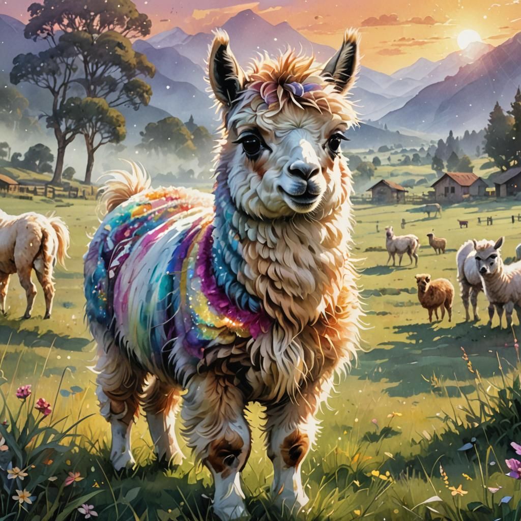 Chibi Llama in Ethereal Fantasy Watercolor Landscape
