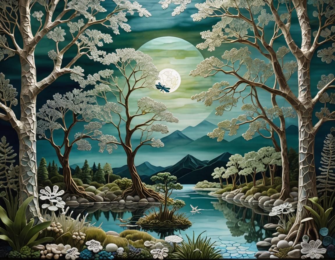 Moonlit Lake in Stained Glass Mosaic with Crochet Lace