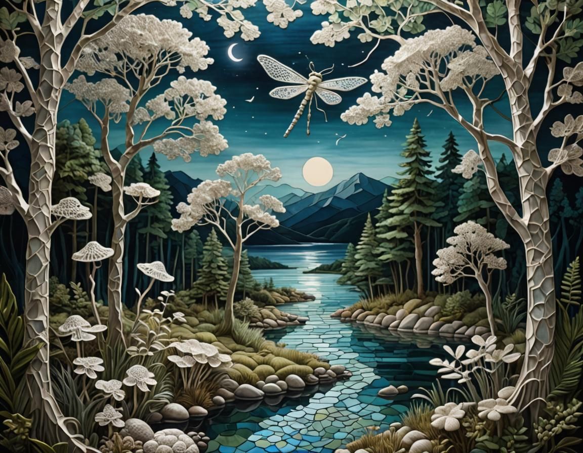 Lace Lake: Stained Glass Mosaic in Moonlight