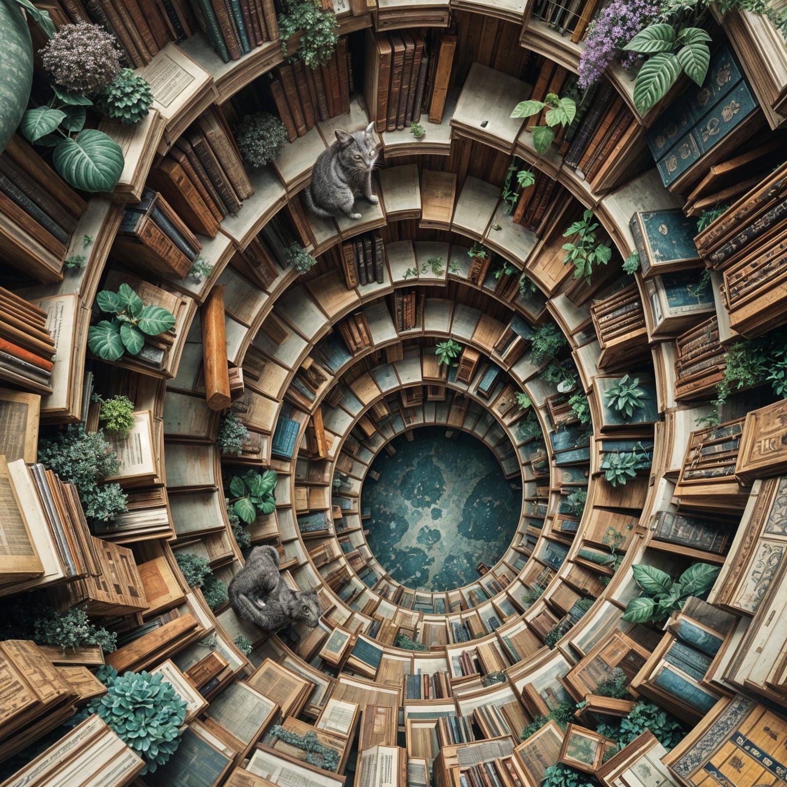 Millennial Cat on Infinite Botanical Book Staircase