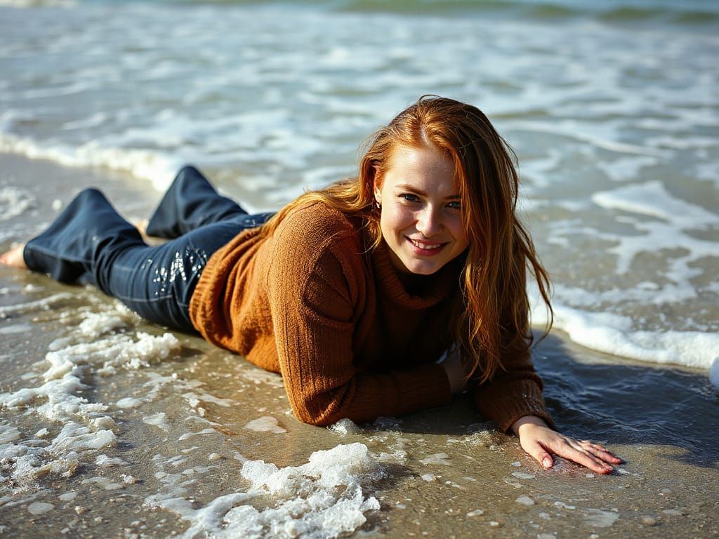 Ginger Woman in Wet Clothes on Sunny Beach