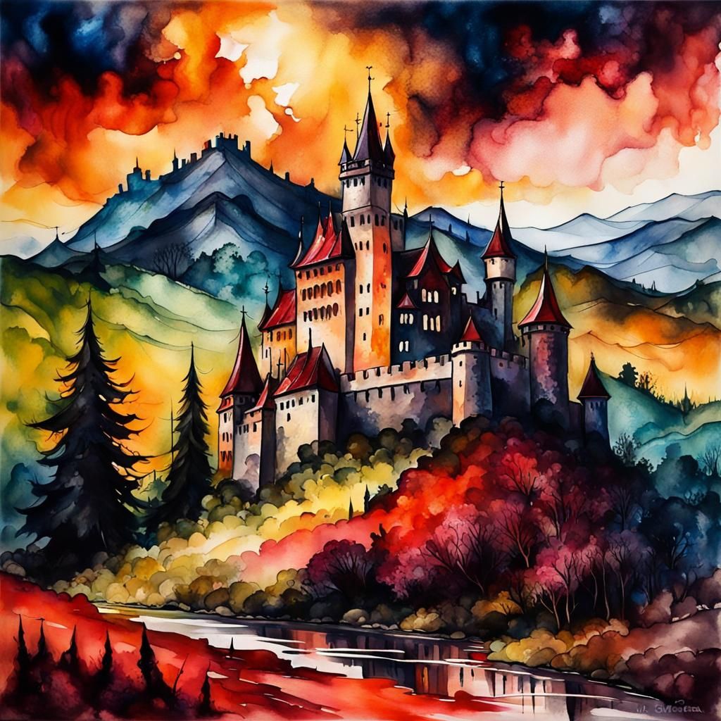 Dracula Castle Landscape in Gouache Style