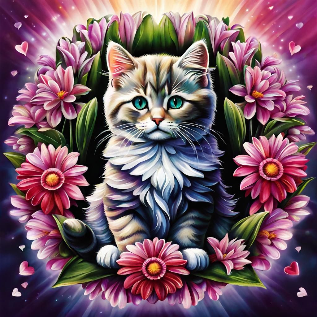 Cute Cat with Flowers in Fantasy Artwork