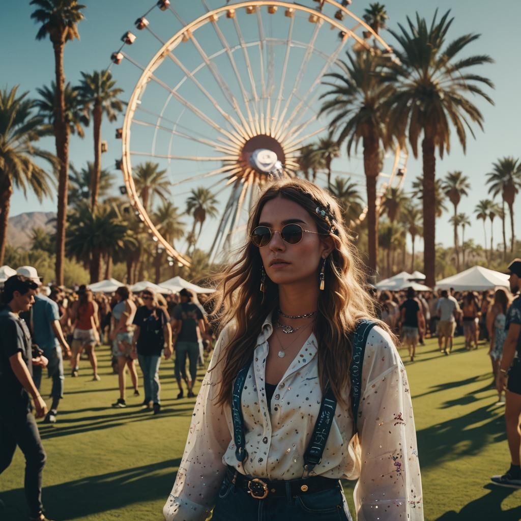 Pop Star Performance at Coachella: Cinematic Film Still