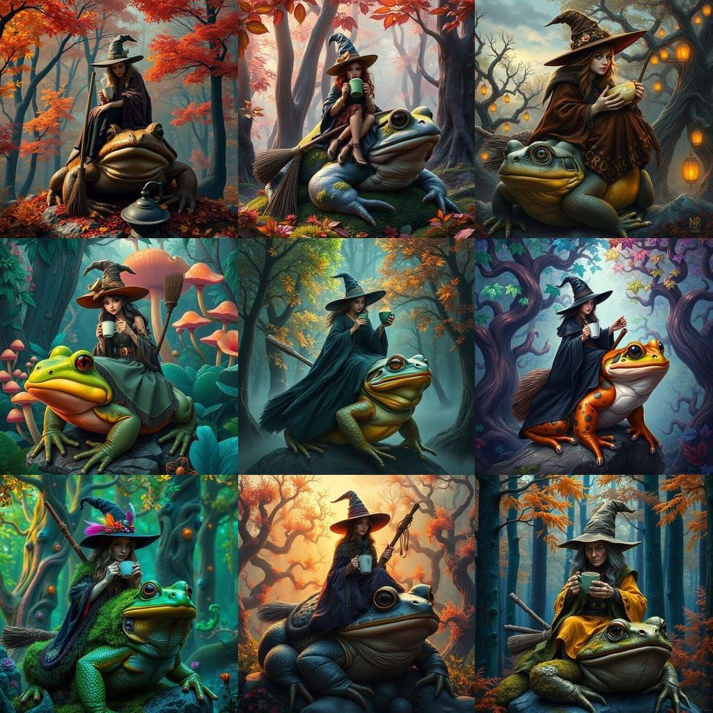 Whimsical Witch Sips Coffee Amidst Vibrant Forest