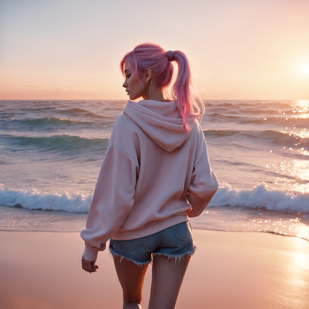 Hyper-Realistic Anime Girl Strolls Beach at Sunset