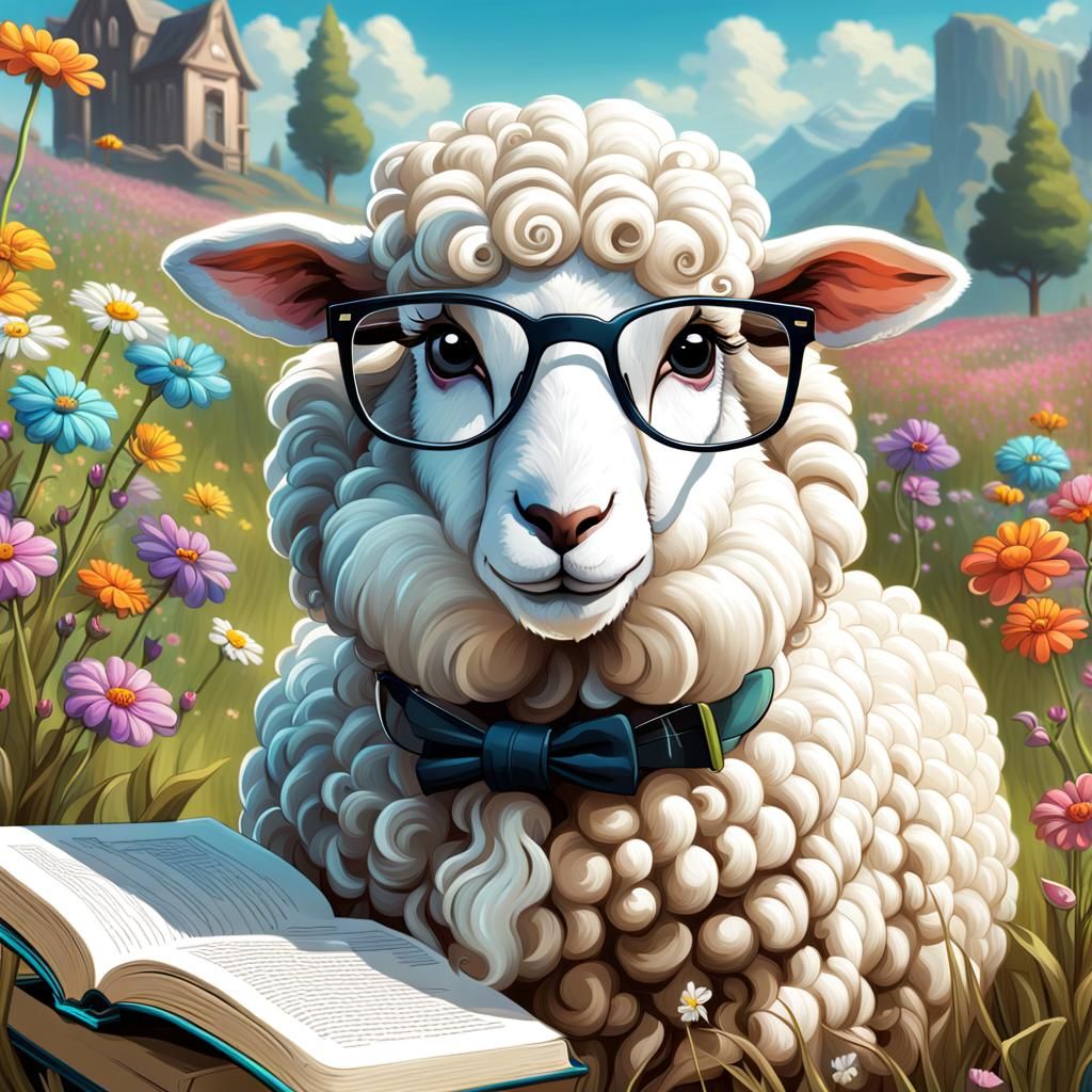Cute Sheep Reading Book in Fantasy Meadow