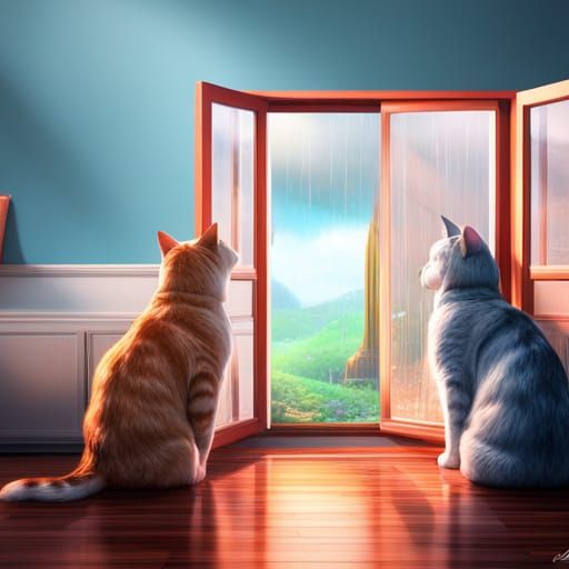 Cats looking out a window at the rain