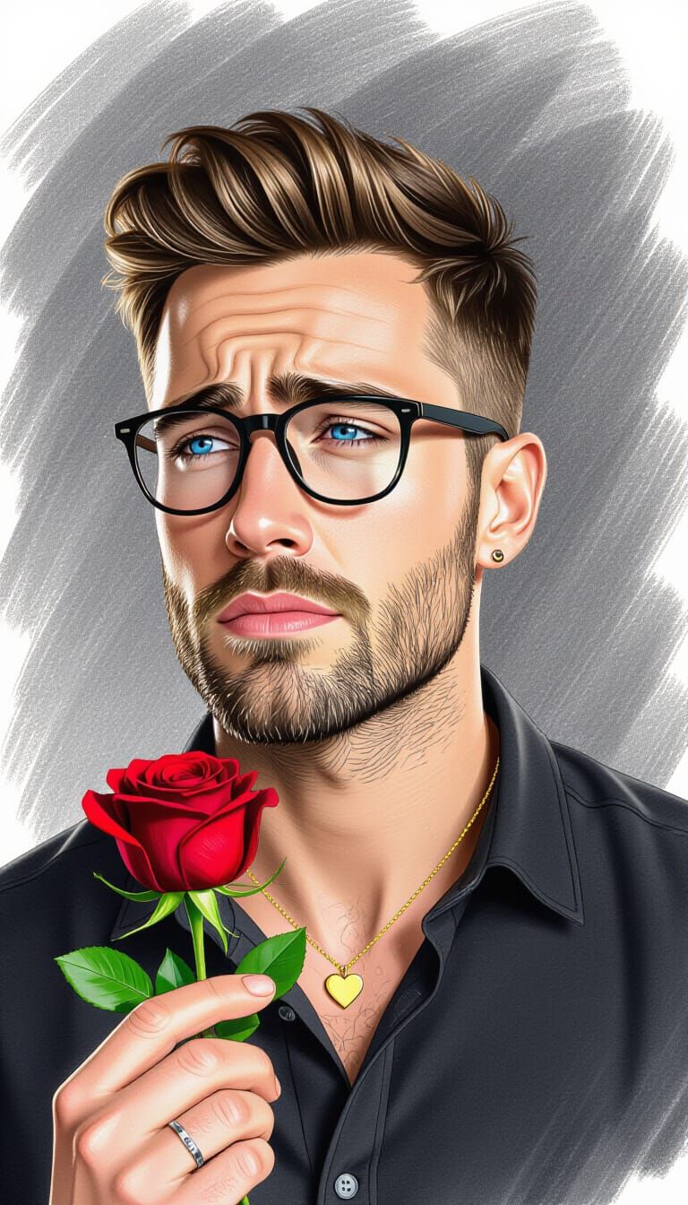 Graphite Drawing of Sad Man with Rose