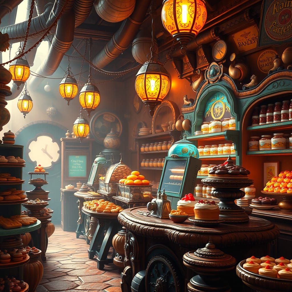Enchanted Bakery at Dusk in Vibrant Fantasy Style