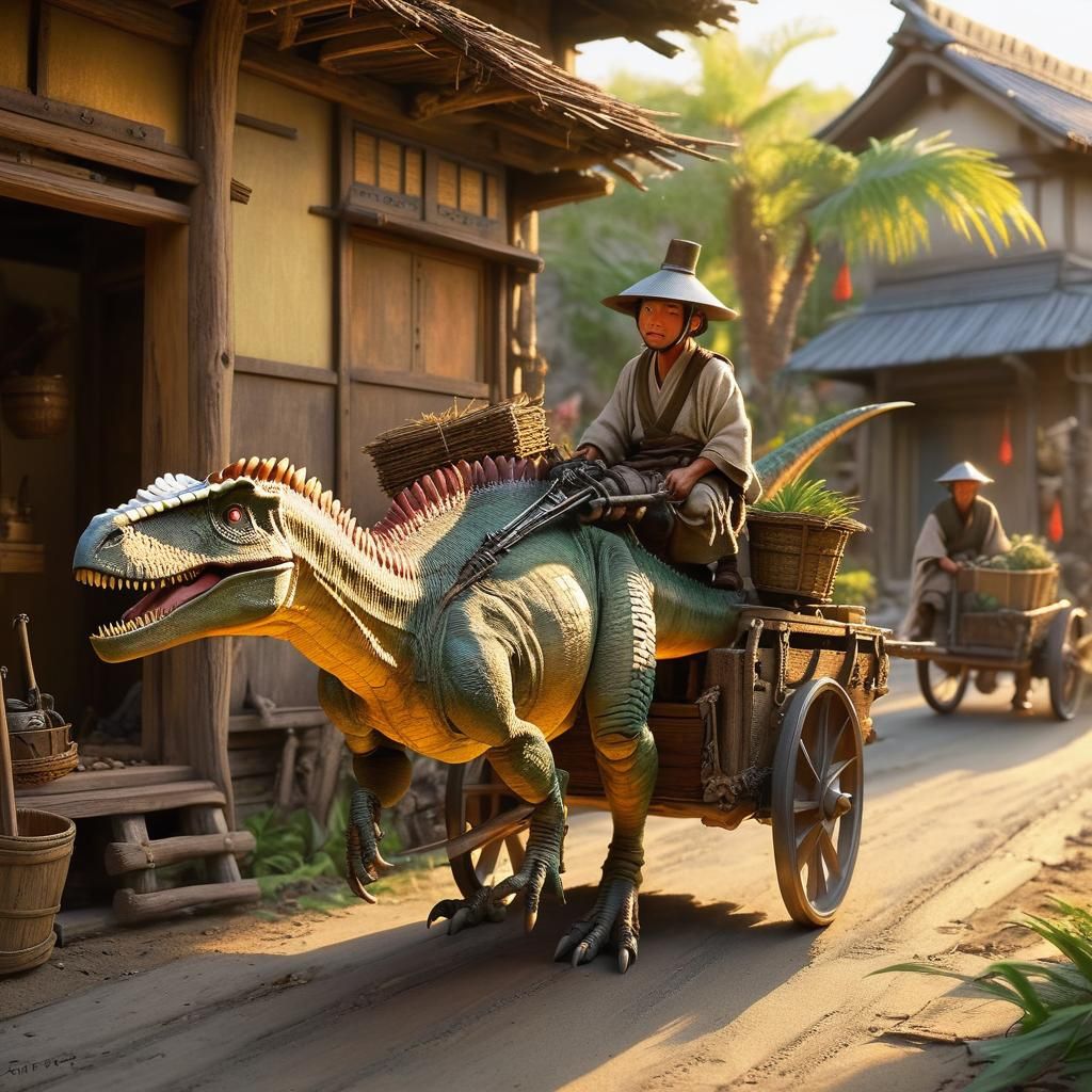 Ancient Japan Village: Velociraptor Cart in Dinotopia Style