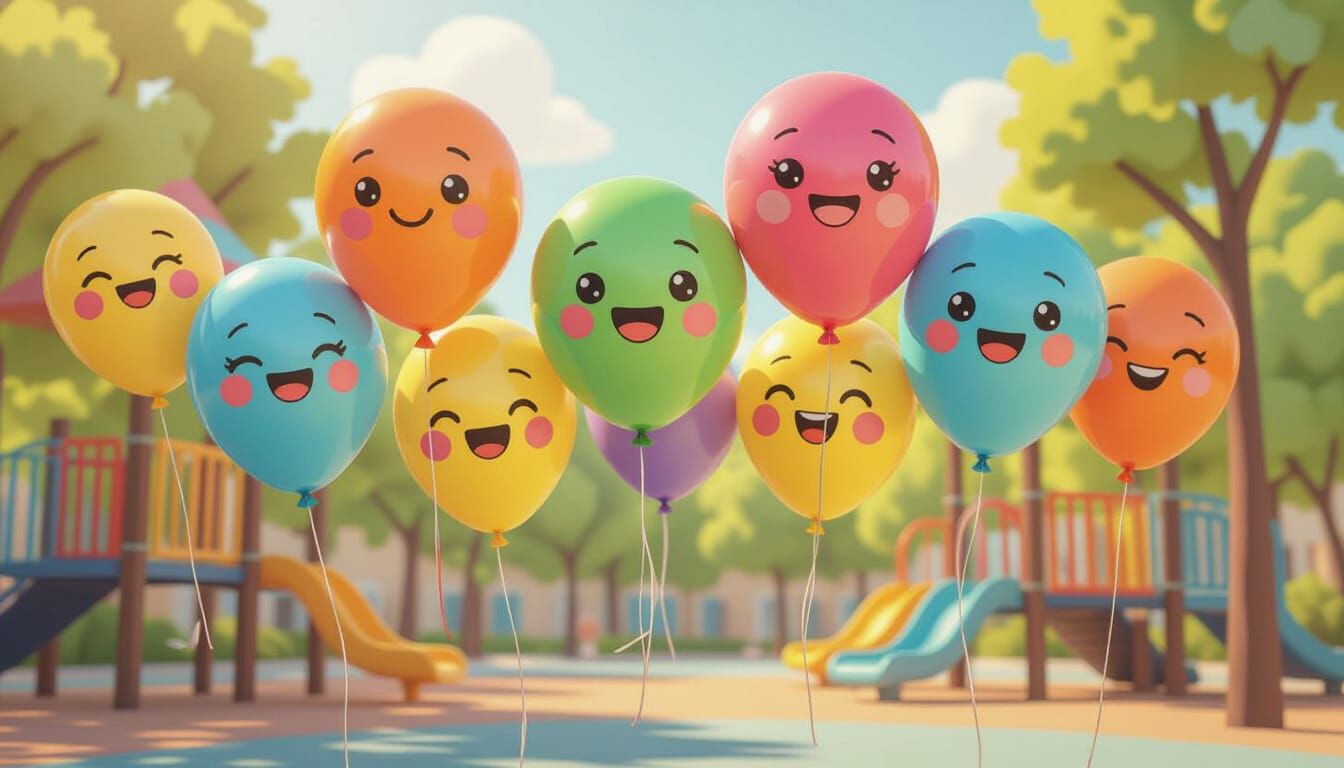 Whimsical Balloons with Emoji Faces in Playground