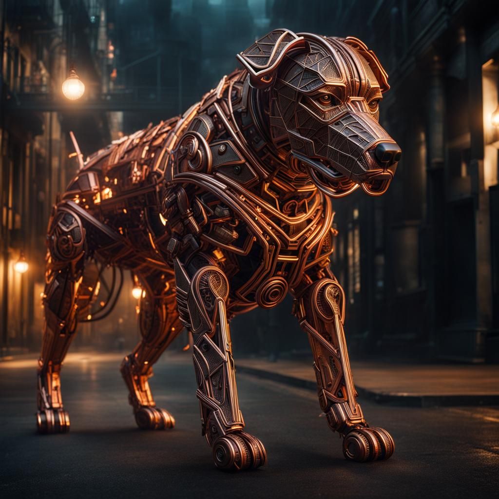 Cyborg Guard Dog in Copper Wire: Hyperrealistic Digital Art