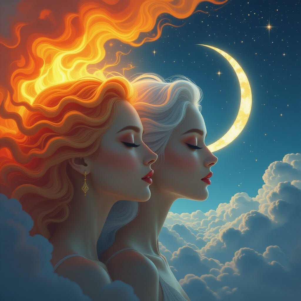 Ethereal Sun and Moon Faces in Digital Art