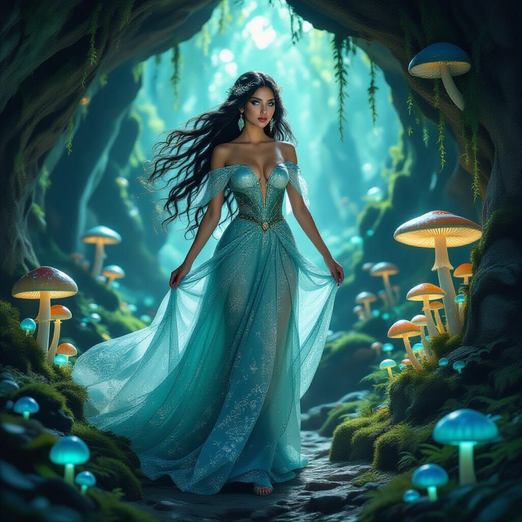 Princess in Bioluminescent Grotto, Inspired by Klimt and Muc...