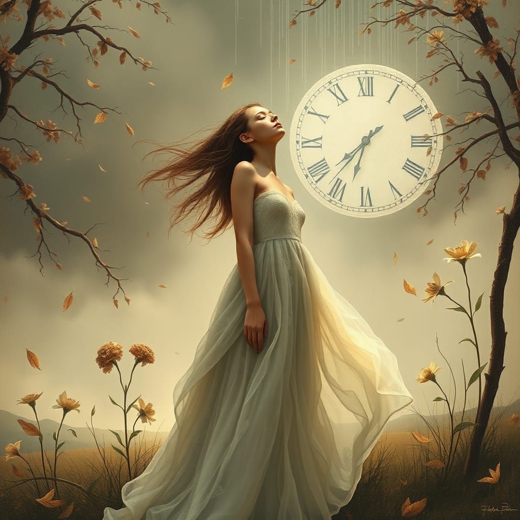 Woman in Dreamy Landscape with Time Symbols