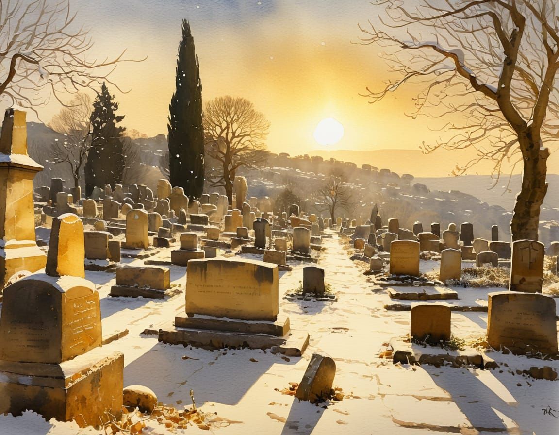 Winter Cemetery in South of France Village - Impressionist S...