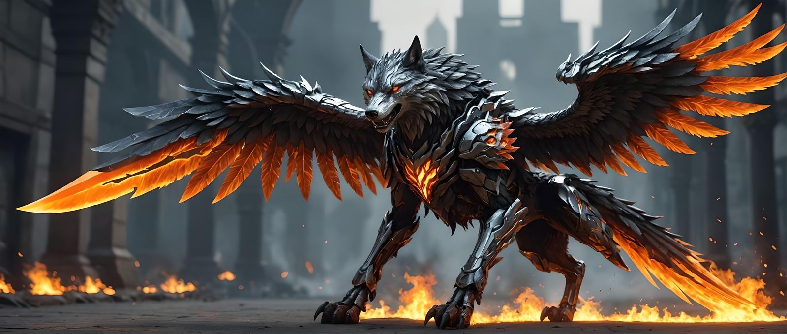 Cybernetic Wolf Hawk with Flaming Blade Wings