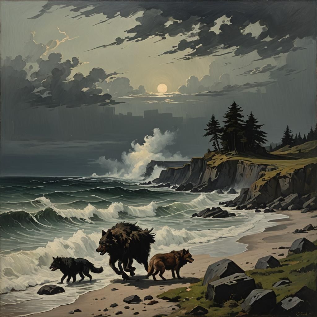 Coastal Lycanthrope: Effulgent Oil and Gouache Painting