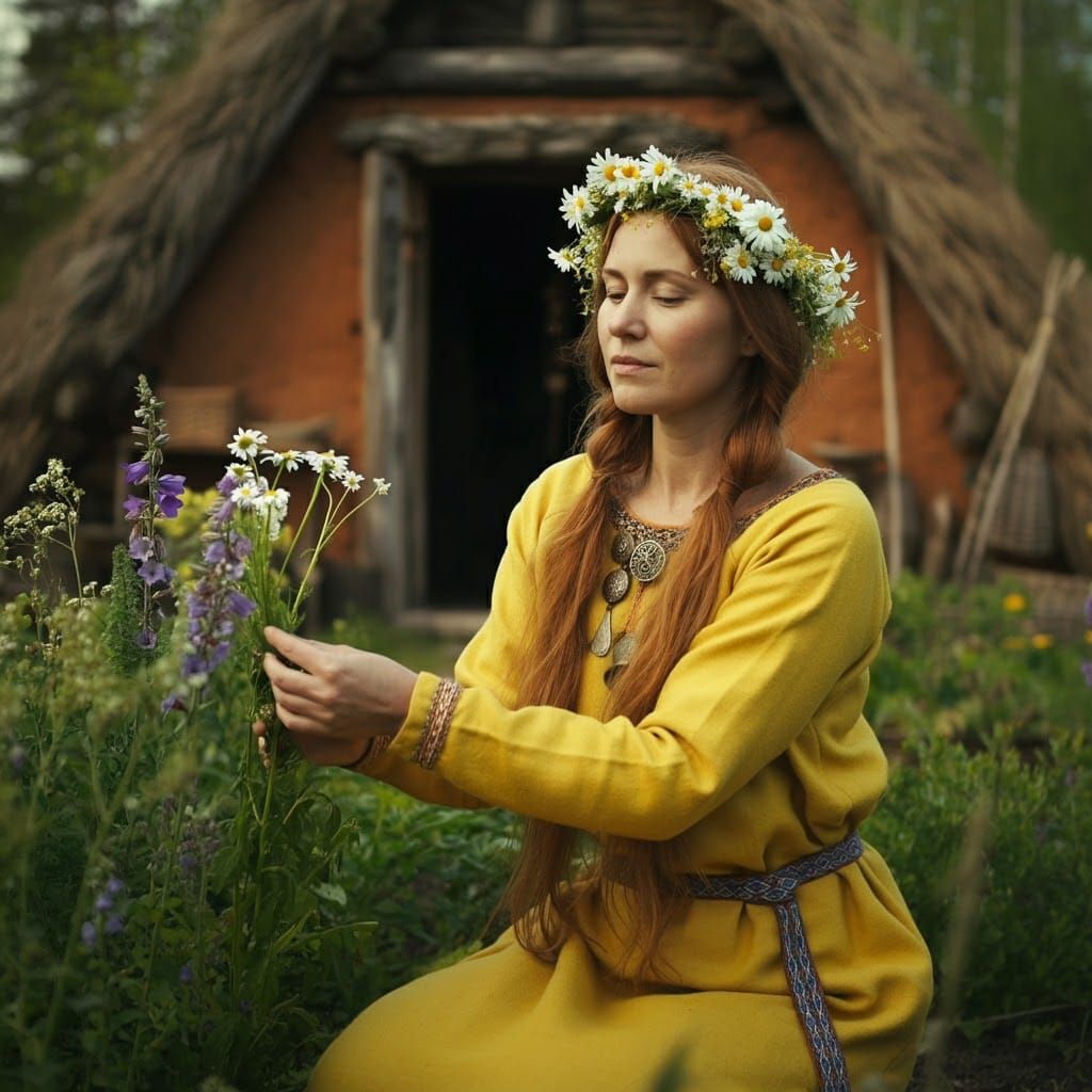 Darza Māte: Latvian Goddess in Gouache Style