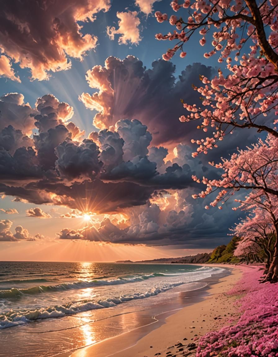 Sunset Over Pink Blossom Coastline