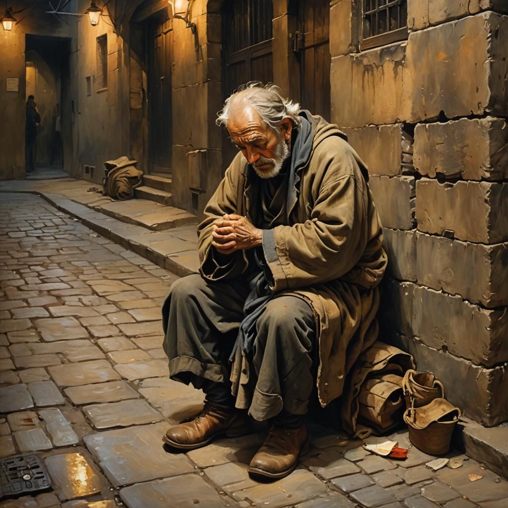 Old Beggar Praying in Alleyway: Impressionist Oil Painting
