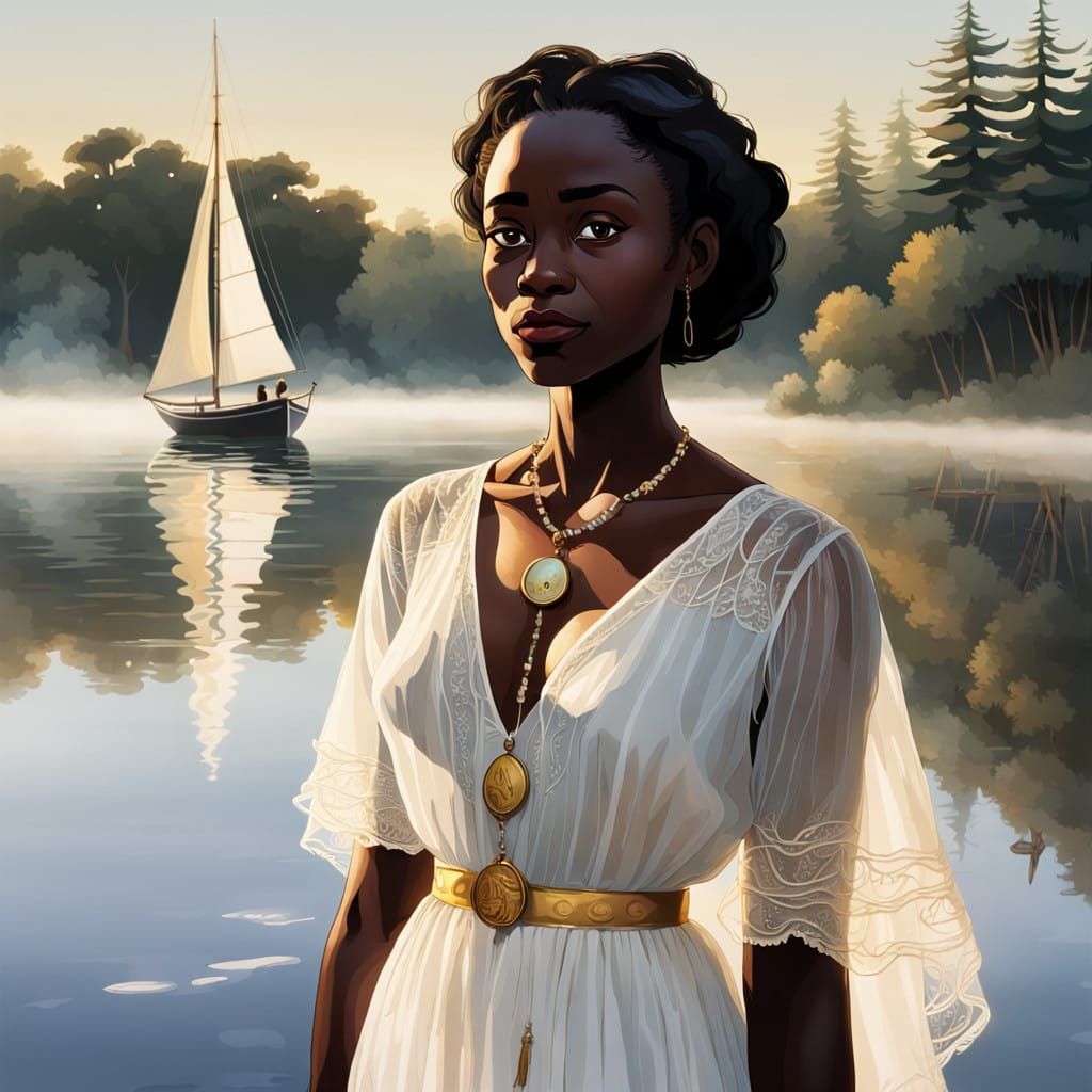 Ethereal Woman Seeks New Horizons in Dreamy Lake Landscape