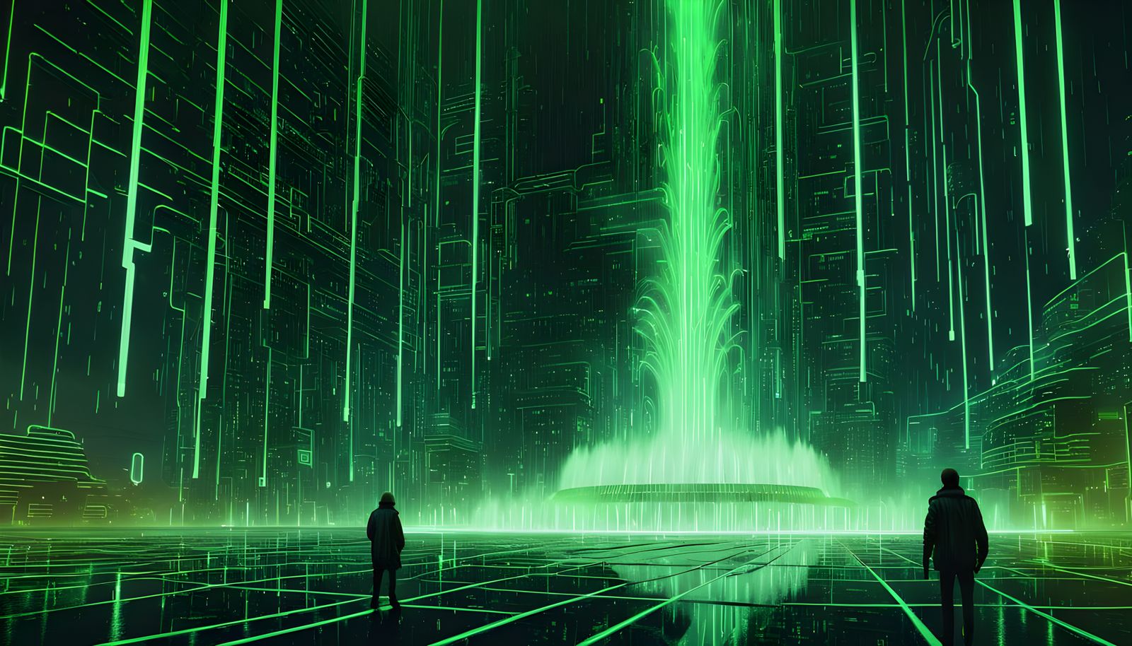 Neon Matrix Code Fountain: Digital Matte Painting