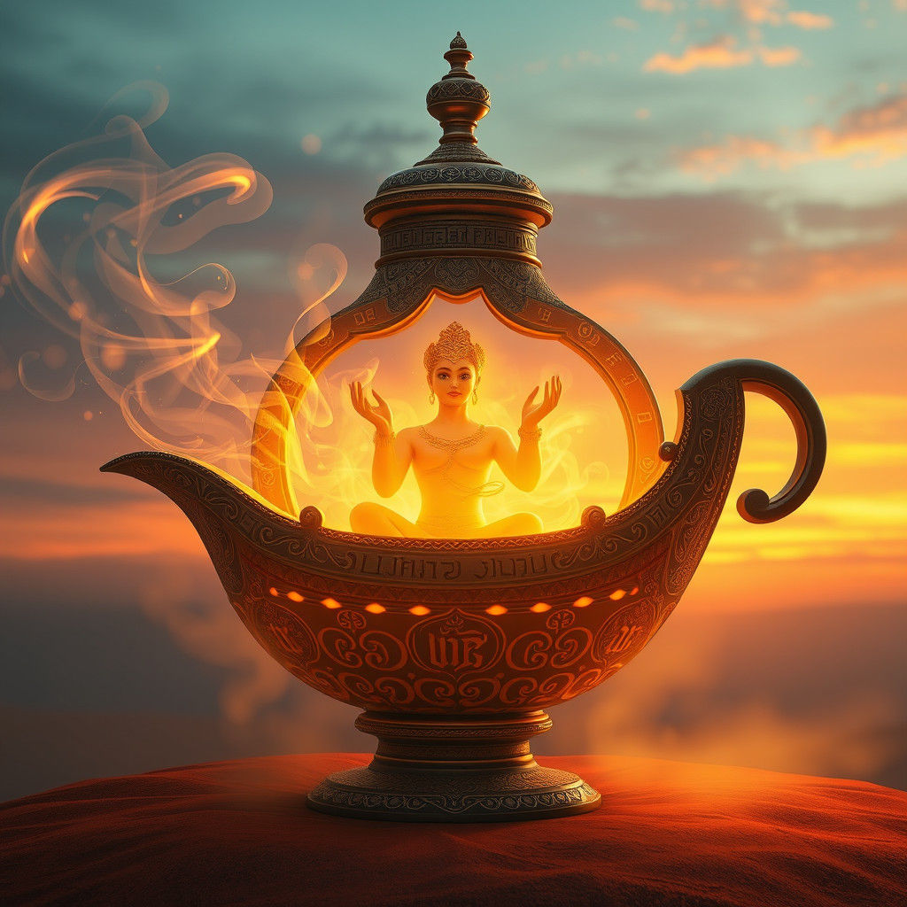 Mystical Genie in Ornate Vessel, Digital Art