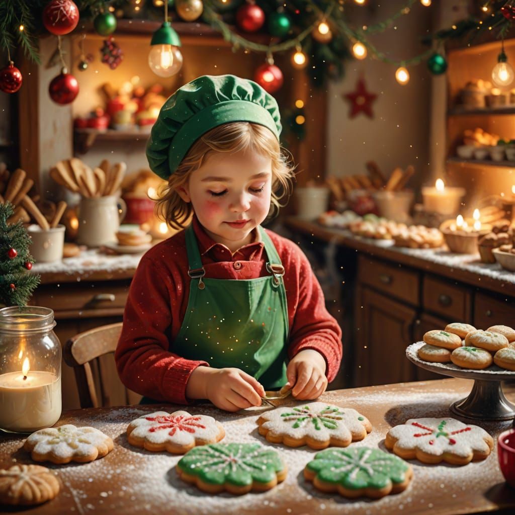 Child Decorating Christmas Cookies in Vintage Bakery