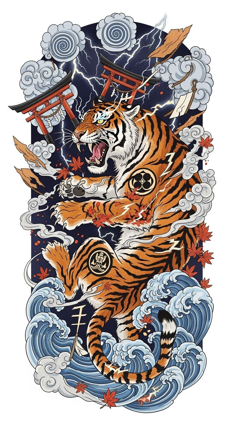 Feral Tiger Roaring in Japanese Neo-Folk Art Style