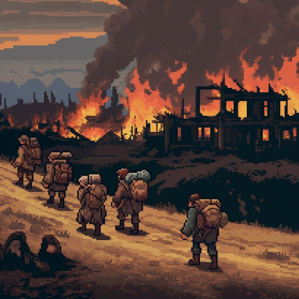 Weary Travelers Journey Through Dystopian Pixel Landscape
