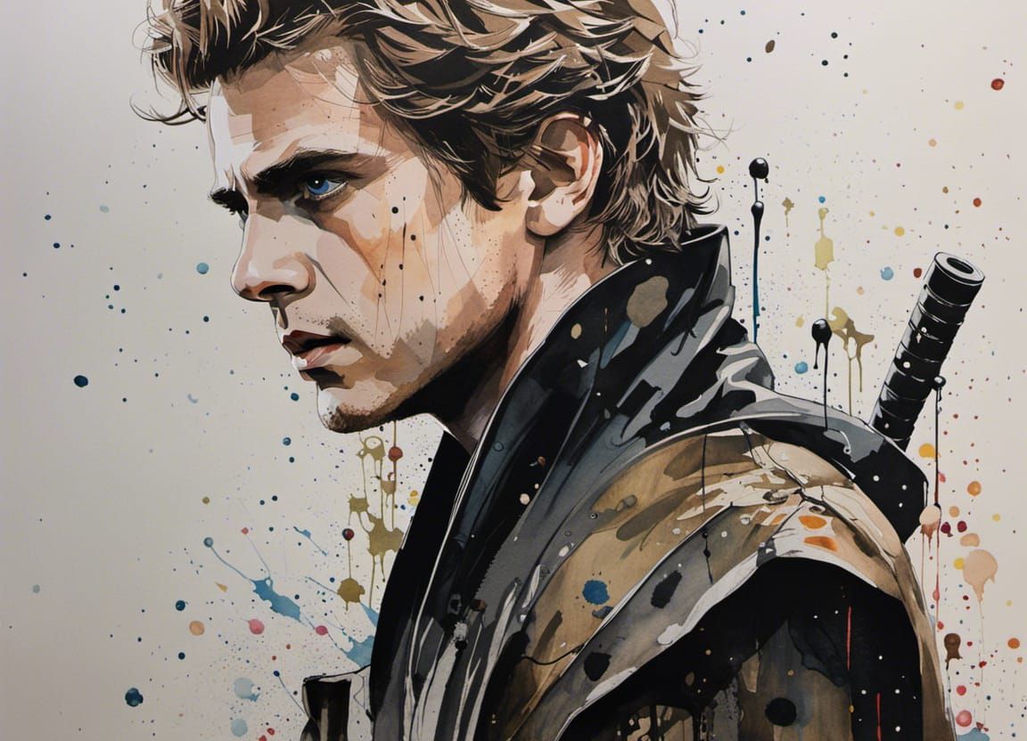 Anakin Skywalker Watercolor Illustration with Textured Detai...