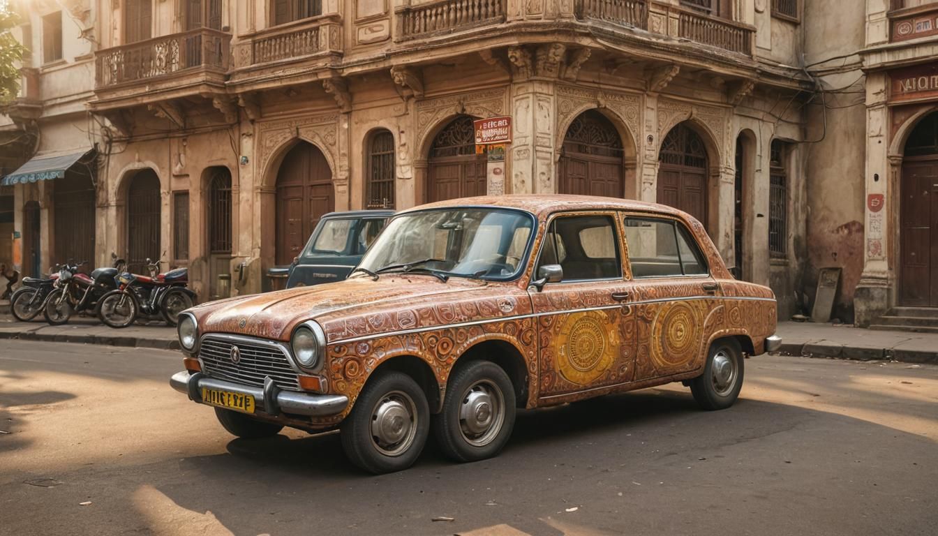 Vintage Ratan Tata Indica Car in Retro Indian Art