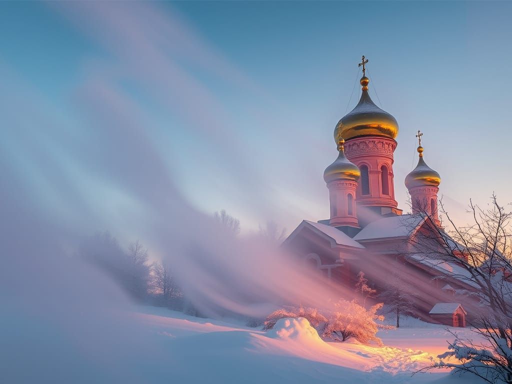Orthodox Church Silhouettes in Magical Snowy Twilight