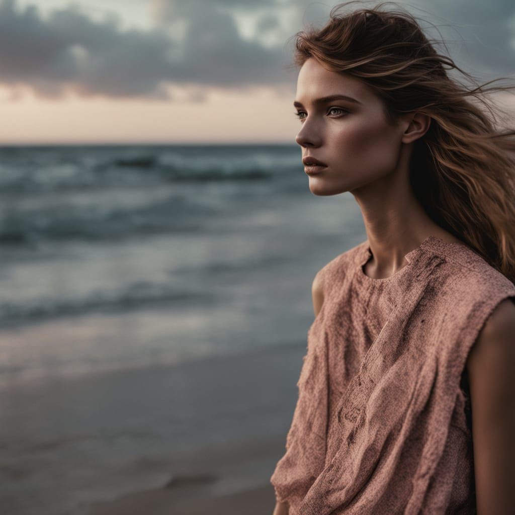 Elegant Teenage Girl in Pink Bikini on Beach