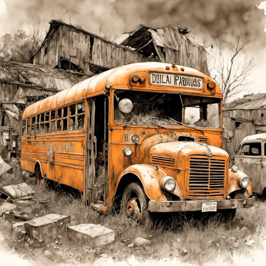 Dilapidated Orange School Buses in Junkyard